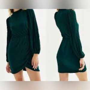Emerald Green High Neck Puff Long Sleeve Mini Dress - Size Medium